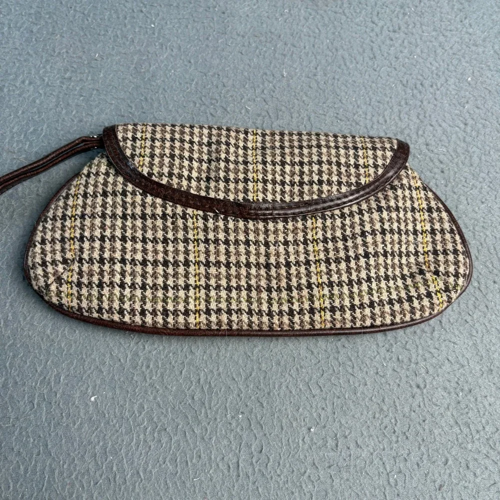 Vintage Houndstooth Wristlet Clutch Brown Tan Plaid Magnetic Snap Bag